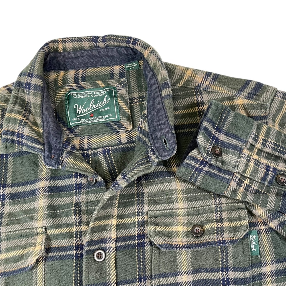 Woolrich L Green Plaid Thick Flannel Shirt Long Sleeve Button‎ Down Gorpcore